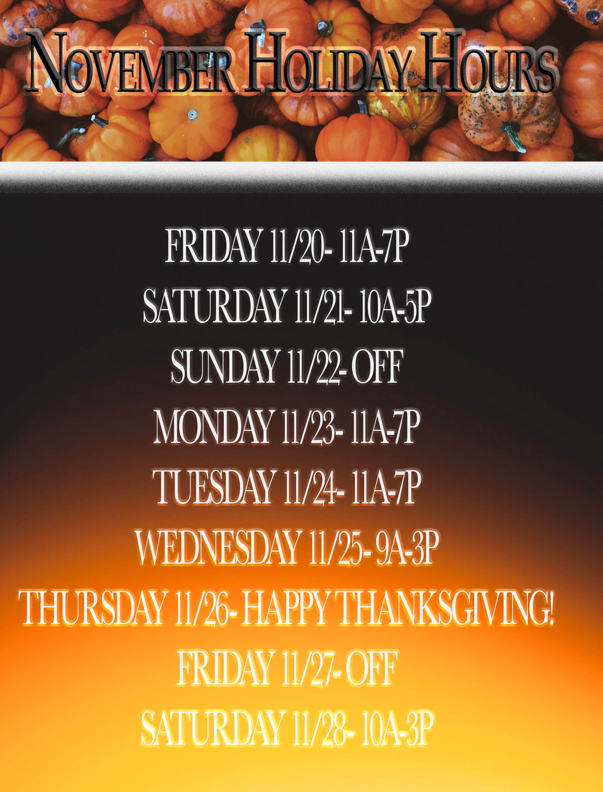 Thanksgiving Holiday Hours are posted.  Please book your spot asap.